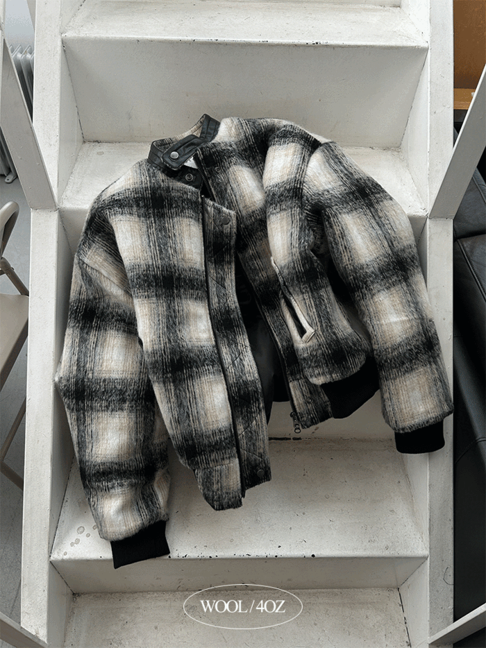 Wool check leather bomber jacket